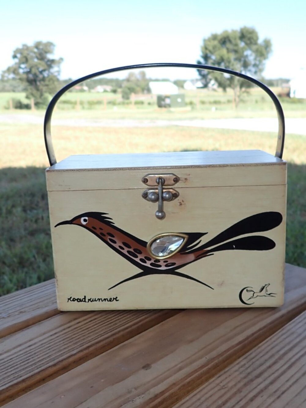 Vintage 1970s Enid Collins of Texas Roadrunner Wooden Box Purse Bag